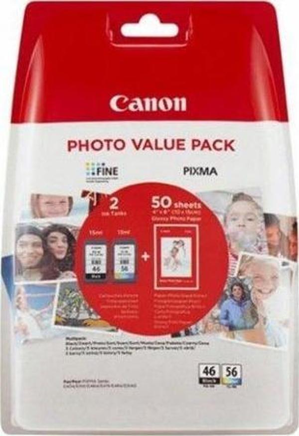 Canon PG-46 / CL-56 Orijinal 2'Li Paket Mürekkep Kartuş Fotoğraf Kağıdı Hediyeli 9059B003 - Image 1