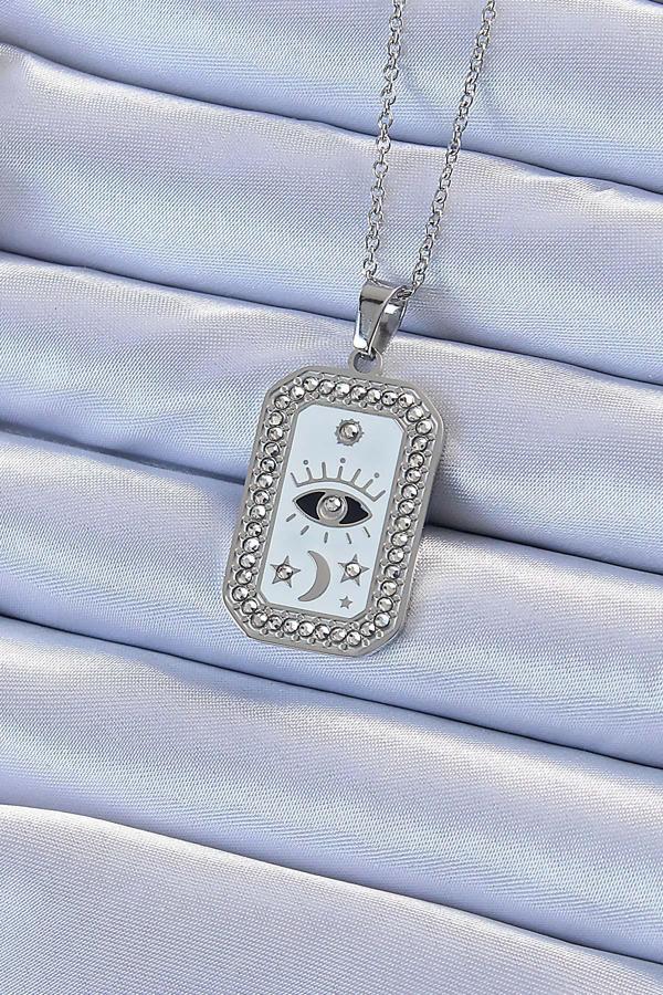 316L Çelik Zincir Gümüş Renk Mineli Zirkon Taşlı Göz Figür Tarot Kolye - TJ-BKO9214 - Image 1