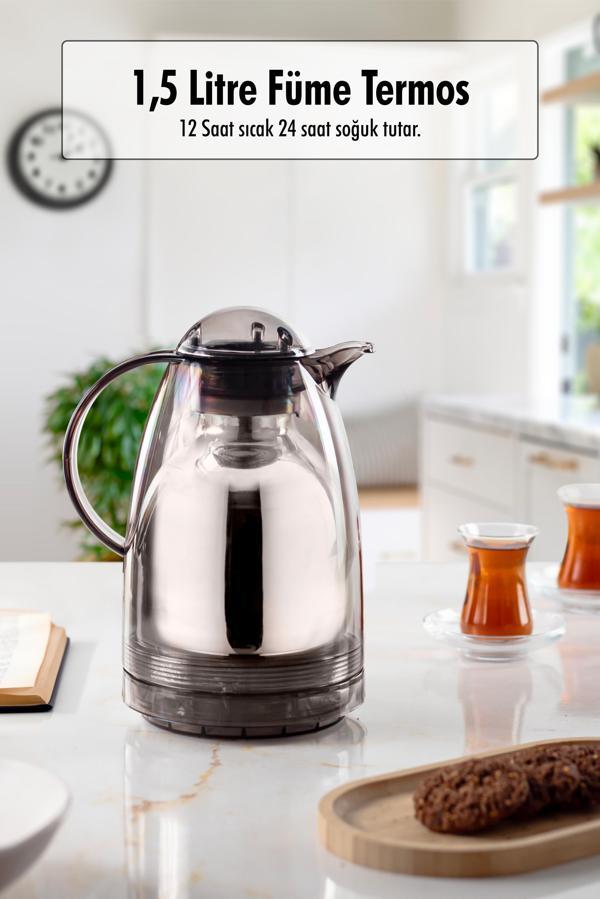 1.5 LT Isı Yalıtımlı Çay Ve Soğuk Su Termosu Füme (12 Saat Sıcak Tutar& İçi Camdır) - Image 1