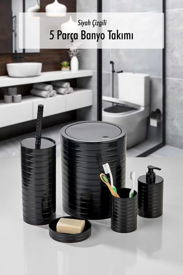5 Parça Yatay Çizgili Siyah Banyo Takımı - Image 1