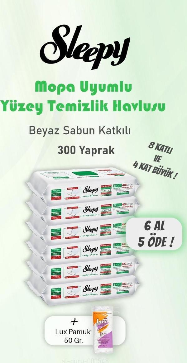 Sleepy 300 Yaprak 6 AL 5 ÖDE Beyaz Sabunlu Yer Temizlik Havlusu ve Pamuk - Image 1