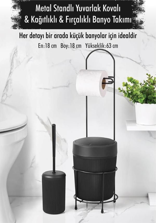 Metal Standlı Yuvarlak Kovalı & Kağıtlıklı & Fırçalıklı Siyah Banyo Takımı - Image 1