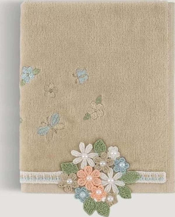 Arliva Home Fıruze Kadıfe Nakıslı Çeyız Havlusu Bej 30X50 - Image 1