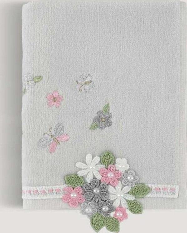 Arliva Home Fıruze Kadıfe Nakıslı Çeyız Havlusu Grı 30X50 - Image 1