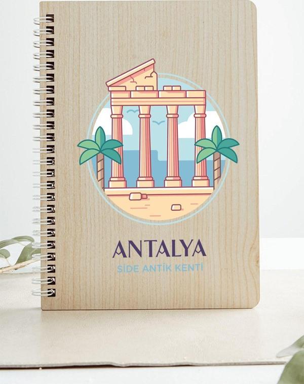 Antalya Side Antik Kenti Şehir Tasarım Ahşap Kapaklı Defter Kraft Kağıt Özel Tasarım Hediye - Image 1
