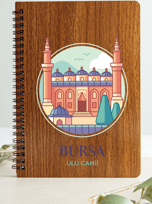 Bursa Ulu Camii Şehir Tasarım Ahşap Kapaklı Defter Kraft Kağıt Özel Tasarım Hediye - Image 1