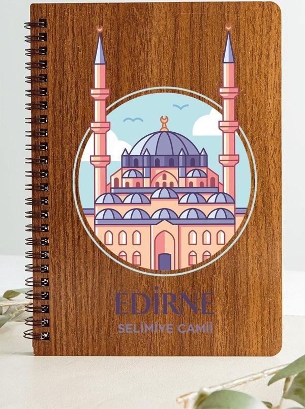 Edirne Selimiye Camii Şehir Tasarım Ahşap Kapaklı Defter Kraft Kağıt Özel Tasarım Hediye - Image 1