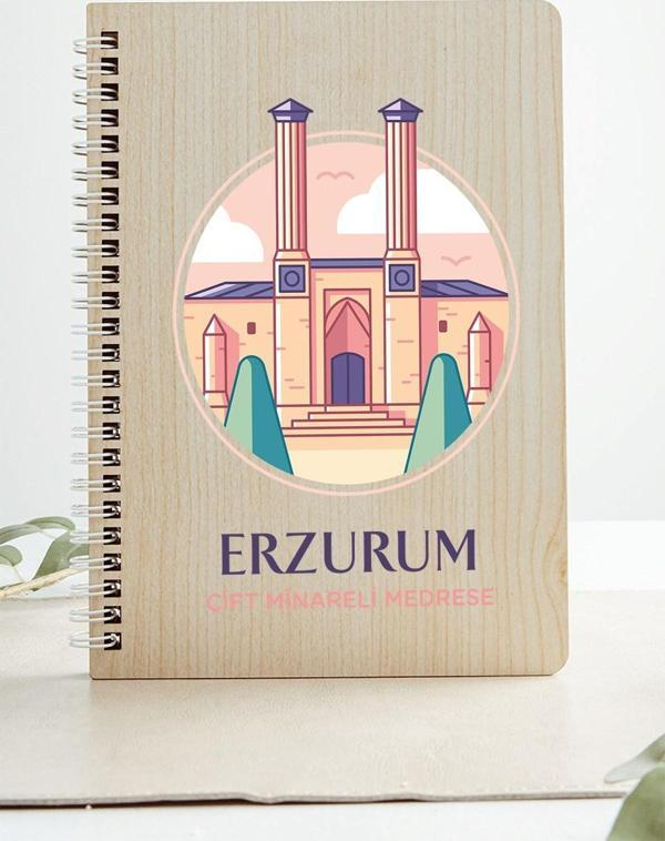 Erzurum Çift Minareli Medrese Şehir Tasarım Ahşap Kapaklı Defter Kraft Kağıt Özel Tasarım Hediye - Image 1