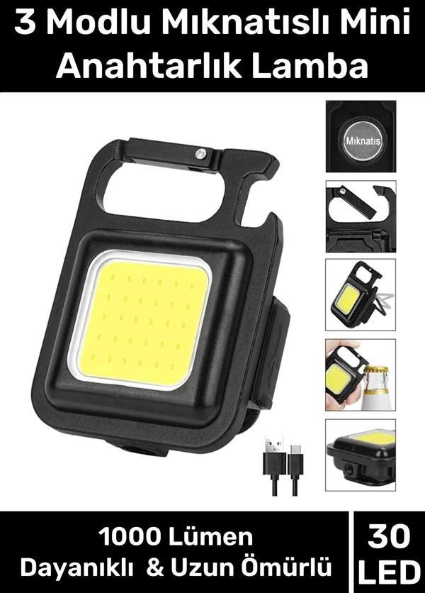 3 Mod Açacaklı Usb Şarjlı Taşınabilir Metal 1000 Lümen El Feneri Mıknatıslı Mini 30 LED Anahtarlık - Image 1