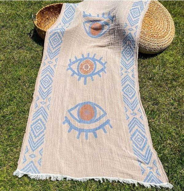 Bidoluraf 90X180 Çift Taraflı 3 Kat Müslin Göz Desenli Kilim Motifli Plaj Havlusu - Peştamal-Pembe - Image 1