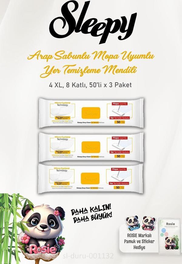 Sleepy 2'li Arap Sabunu Katkılı Mopa Uyumlu 4 XLarge Yer Temizlik Havlusu 50 Yaprak ve ROSIE Pamuk - Image 1