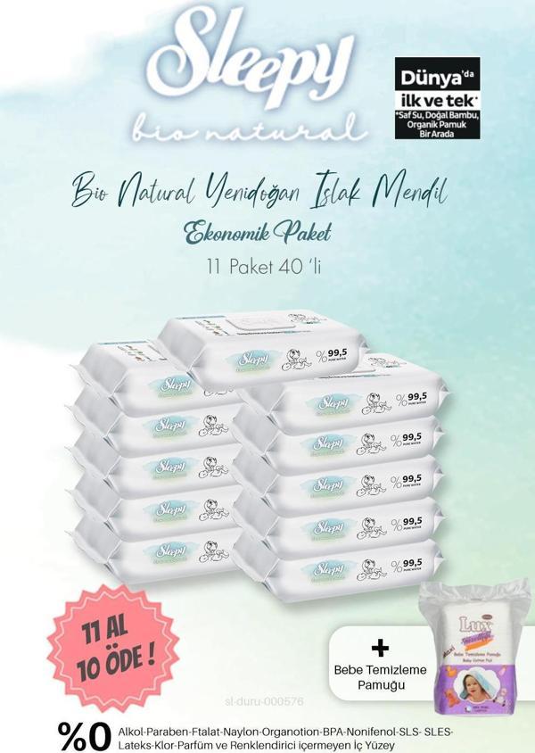Sleepy Bio Natural Islak Havlu 40'lı  11 AL 10 ÖDE ve Bebe Temizleme Pamuğu - Image 1