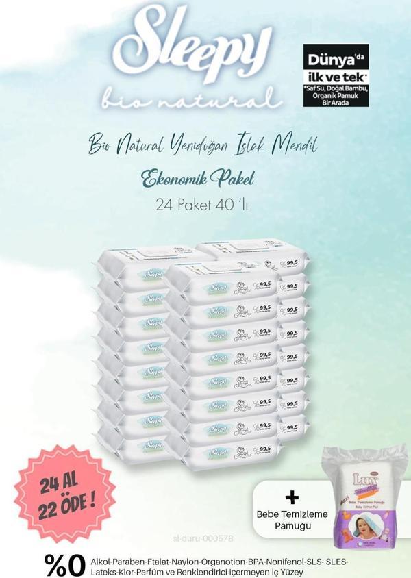 Sleepy Bio Natural Islak Havlu 40'lı  24 AL 22 ÖDE ve Bebe Temizleme Pamuğu - Image 1