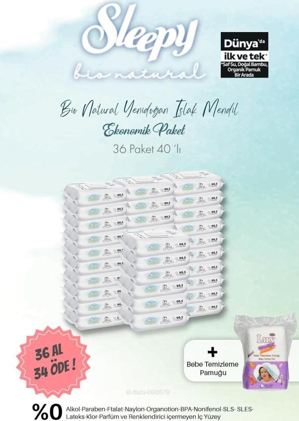 Sleepy Bio Natural Islak Havlu 40'lı  36 AL 34 ÖDE ve Bebe Temizleme Pamuğu - Image 1