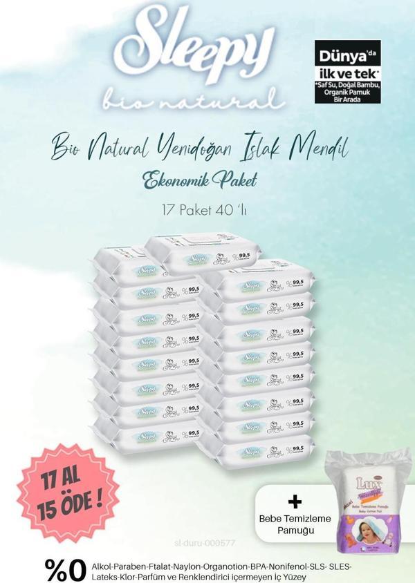Sleepy Bio Natural Islak Havlu 40'lı 17 AL 15 ÖDE ve Bebe Temizleme Pamuğu - Image 1