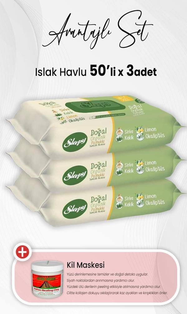 Sleepy Doğal Ve Organik Islak Mendil 50 Adet x 3 Adet ve Kil Maskesi - Image 1