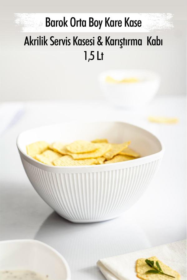 Akrilik Barok Beyaz Orta Boy Kare Meyve & Salata Kasesi & Karıştırma Kabı / 1,5 Lt  (CAM DEĞİLDİR) - Image 1