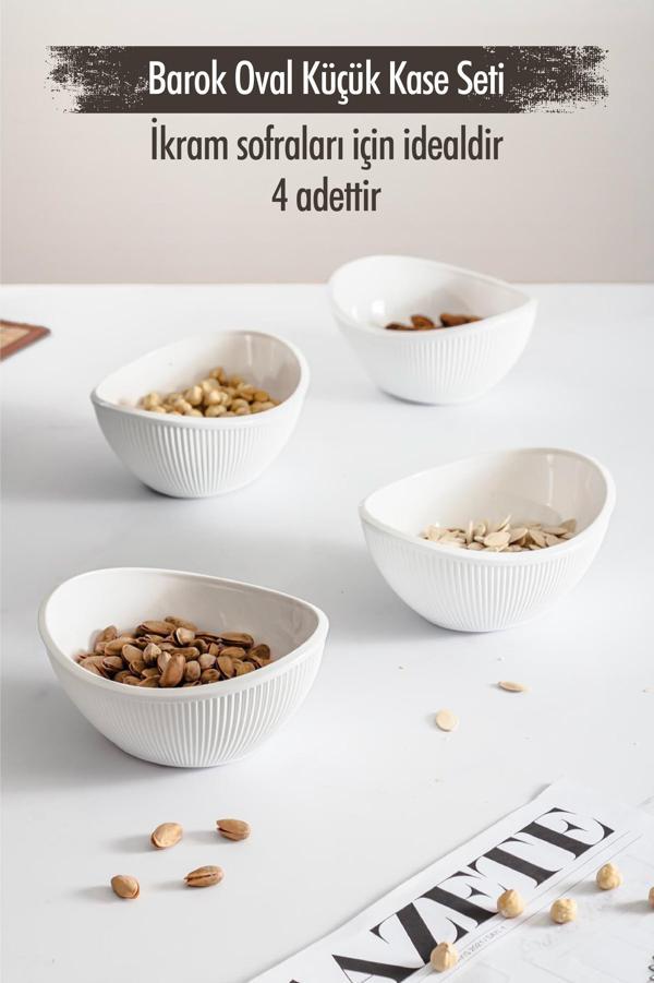 Akrilik Barok Beyaz Oval 4'lü Küçük Kase Seti & Çerezlik & Sunumluk & İkramlık (Cam Değildir) - Image 1
