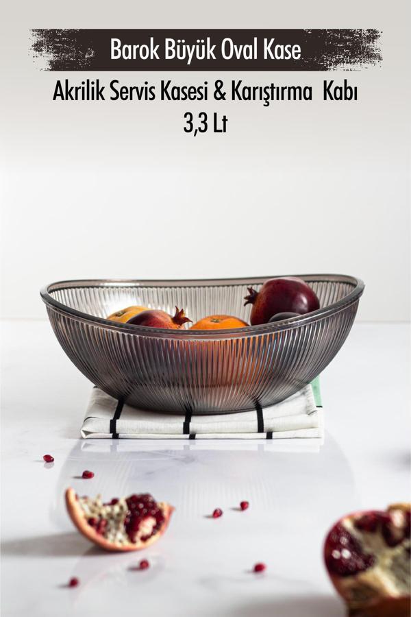 Akrilik Barok Füme Büyük Oval Meyve & Salata Kasesi & Karıştırma Kabı / 3,3 Lt  (CAM DEĞİLDİR) - Image 1