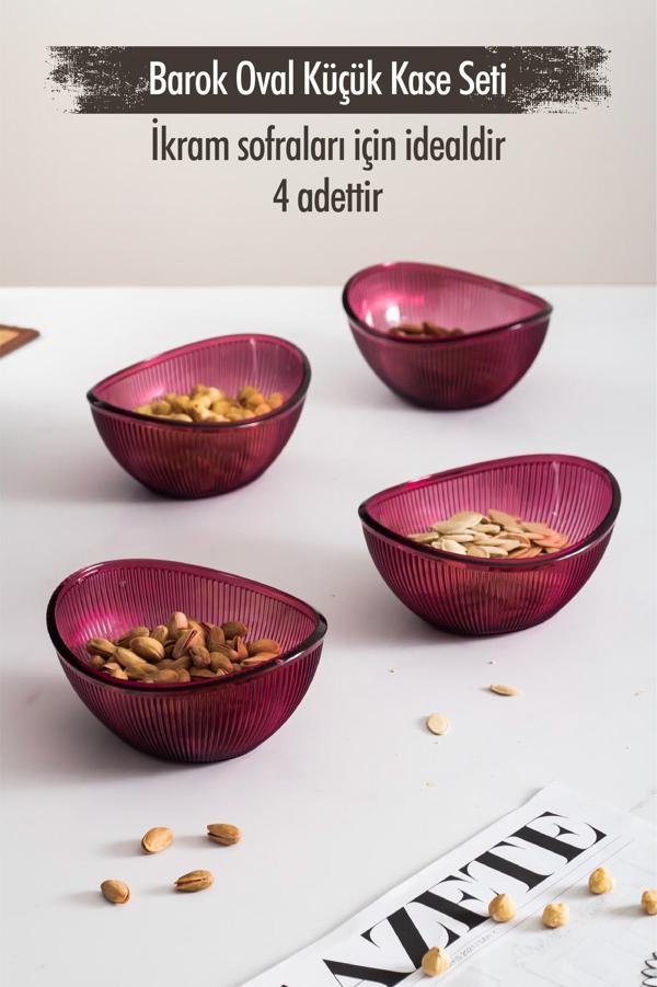 Akrilik Barok Mürdüm Oval 4'lü Küçük Kase Seti & Çerezlik & Sunumluk & İkramlık(Cam Değildir) - Image 1