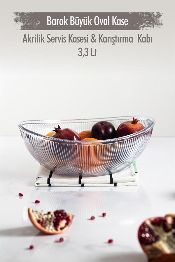Akrilik Barok Şeffaf Büyük Oval Meyve & Salata Kasesi & Karıştırma Kabı / 3,3 Lt  (CAM DEĞİLDİR) - Image 1