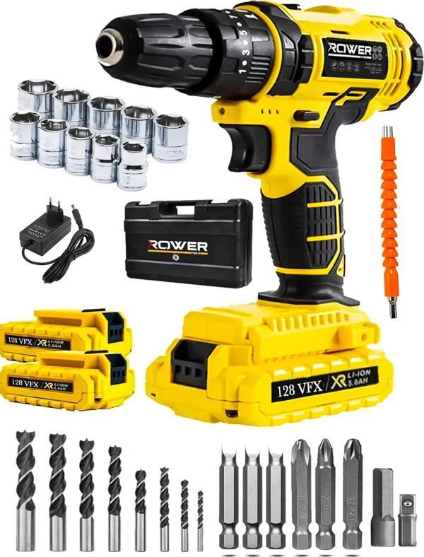Rowermax 128 VFX Çift Akülü Çelik Şanzıman Lion Akü Darbeli Matkap Akülü Vidalama  Seti - Image 1