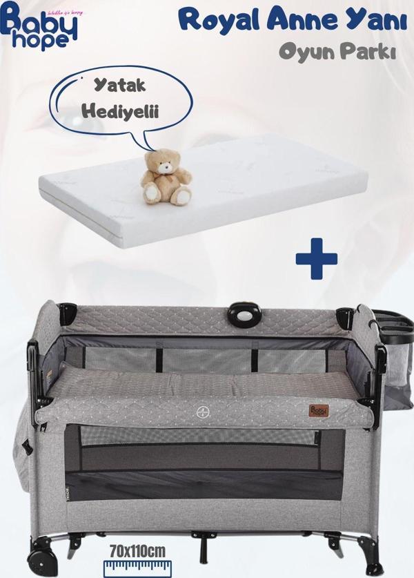 Babyhope Royal Anne Yanı Oyun Parkı Beşik 70X110 Cm Yatak Hediyeli Gri - Image 1