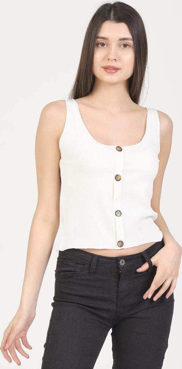 As Collection Beyaz Düğmeli Kolsuz Kadın T-Shirt - Image 1