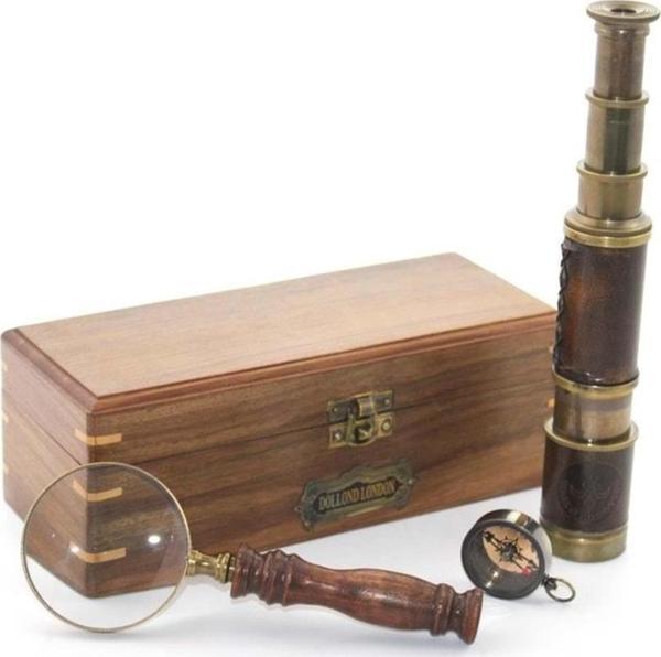 Ahşap Kutu Pirinç Pusula Dürbün Büyüteç Seti - Image 1