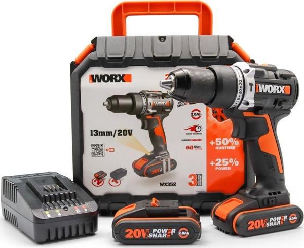 WORX WX352 20Volt/2.0Ah Li-ion Çift Akülü Kömürsüz Profesyonel Şarjlı Darbeli Matkap - Image 1