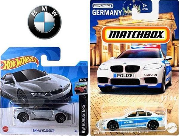 2 Araç BMW Set - Hot Wheels i8 Roadster & Matchbox M5 Police (1/64) - Image 1