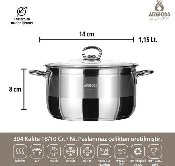 Amboss Saphire Paslanmaz Çelik Derin Tencere Cam Kapaklı - 14 cm - Image 1