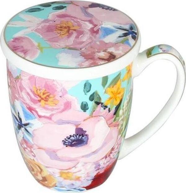 LuckyArt Peony Bone Süzgeçli Kapaklı Kupa 570 ml - Image 1