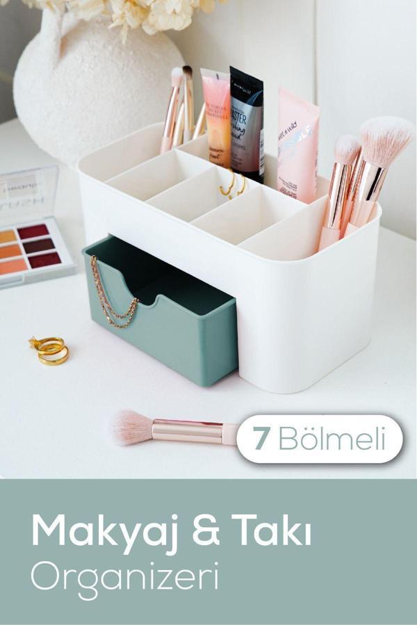 Vienev 7 Bölmeli Çekmeceli Makyaj Takı Organizeri - Masaüstü Düzenleyici Mint - Image 1