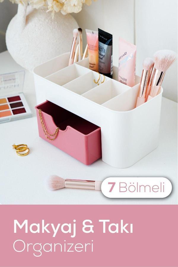 Vienev 7 Bölmeli Çekmeceli Makyaj Takı Organizeri - Masaüstü Düzenleyici Pembe - Image 1