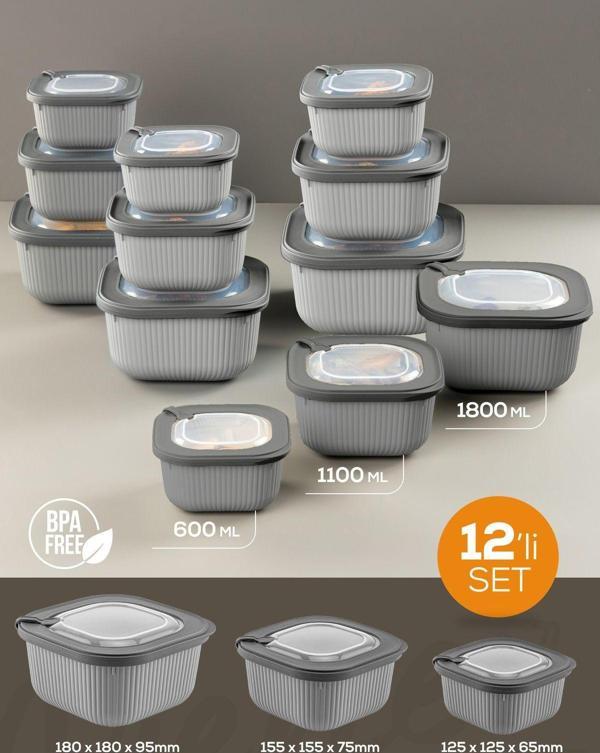 Vienev 12li 4x(600-1100-1800 ml) Mikrodalga ve Difrize Uygun Vip Kapaklı Özel Saklama Kabı Seti Antrasit - Image 1