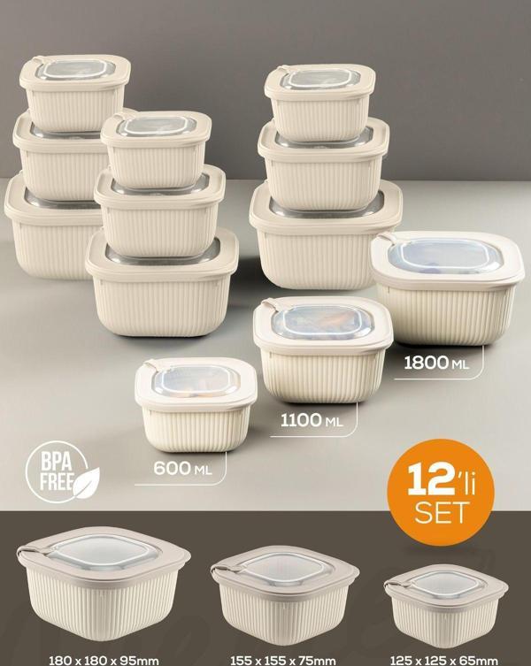 Vienev 12li 4x(600-1100-1800 ml) Mikrodalga ve Difrize Uygun Vip Kapaklı Özel Saklama Kabı Seti Bej - Image 1