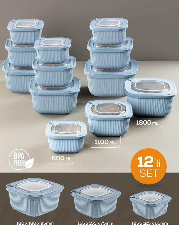 Vienev 12li 4x(600-1100-1800 ml) Mikrodalga ve Difrize Uygun Vip Kapaklı Özel Saklama Kabı Seti Mavi - Image 1