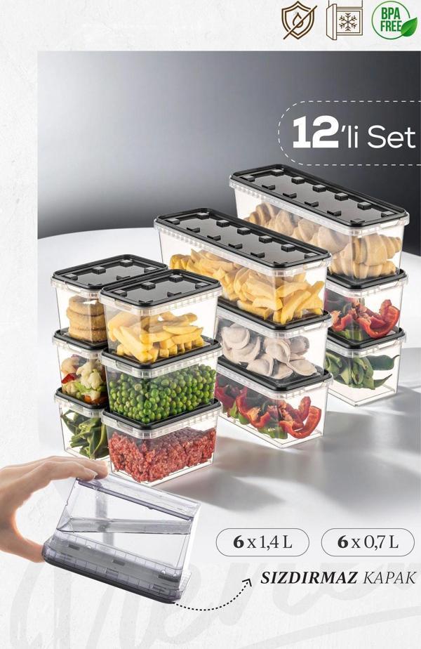 Vienev 12li 6x(1,4-0,7 LT) Block Buzdolabı Ve Derin Dondurucu Sızdırmaz Saklama Kabı Şeffaf Antrasit - Image 1