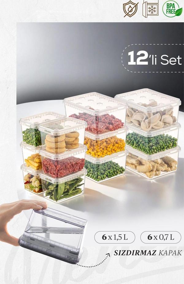 Vienev 12li 6x(1,5-0,7 lt) Block Buzdolabı ve Derin Dondurucu Sızdırmaz Saklama Kabı Şeffaf - Image 1