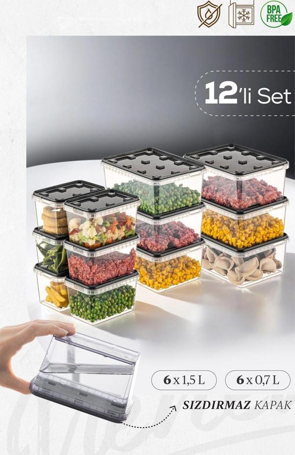 Vienev 12li 6x(1,5-0,7 LT) Block Buzdolabı Ve Derin Dondurucu Sızdırmaz Saklama Kabı Şeffaf Antrasit - Image 1