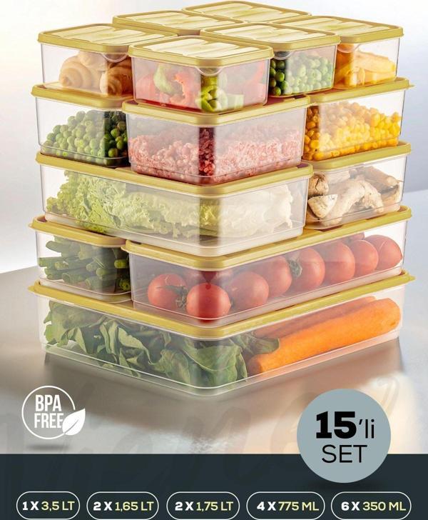 Vienev 15li Buzdolabı Düzenleyici Organizer Mikrodalgaya Uygun Difriz Saklama Kabı Sarı - Image 1
