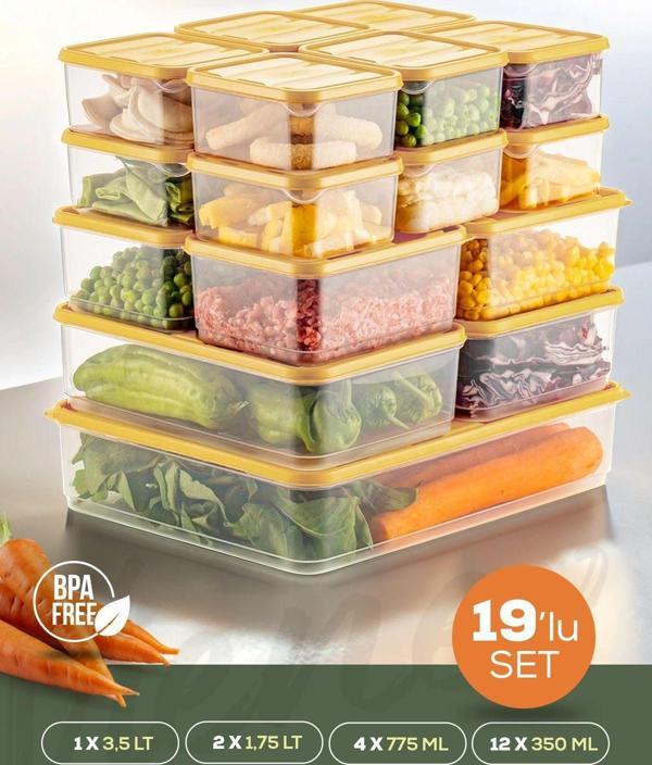 Vienev 19lu Buzdolabı Düzenleyici Organizer Mikrodalgaya Uygun Difriz Saklama Kabı Sarı - Image 1