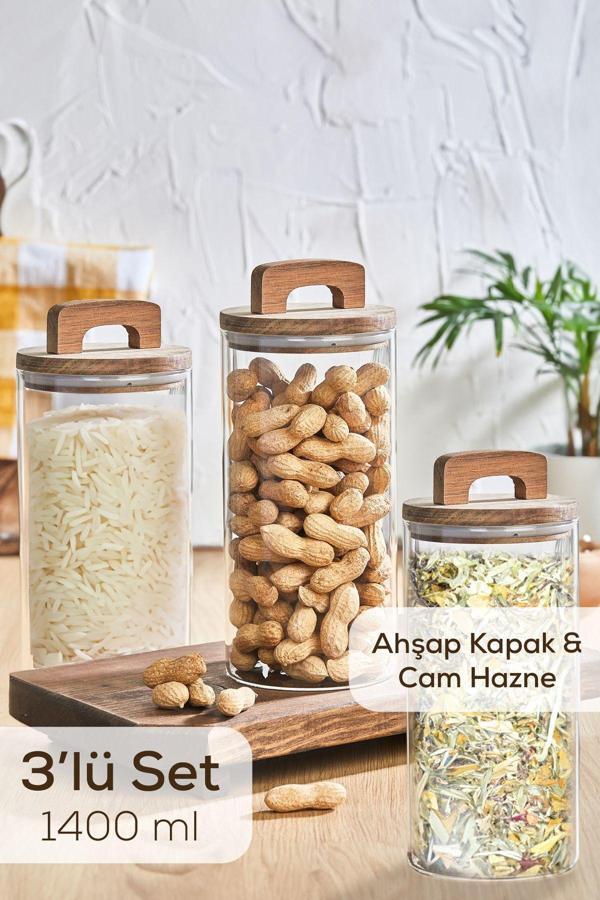 Vienev 3lü 1400 ml Ahşap Kapaklı Tutacaklı Kavanoz - Image 1