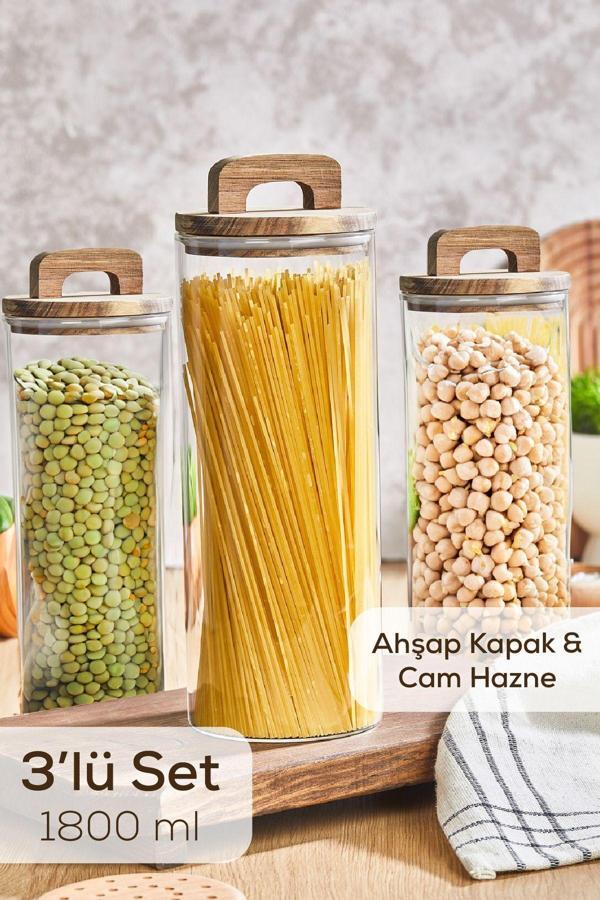 Vienev 3lü 1800 ml Ahşap Kapaklı Tutacaklı Kavanoz - Image 1