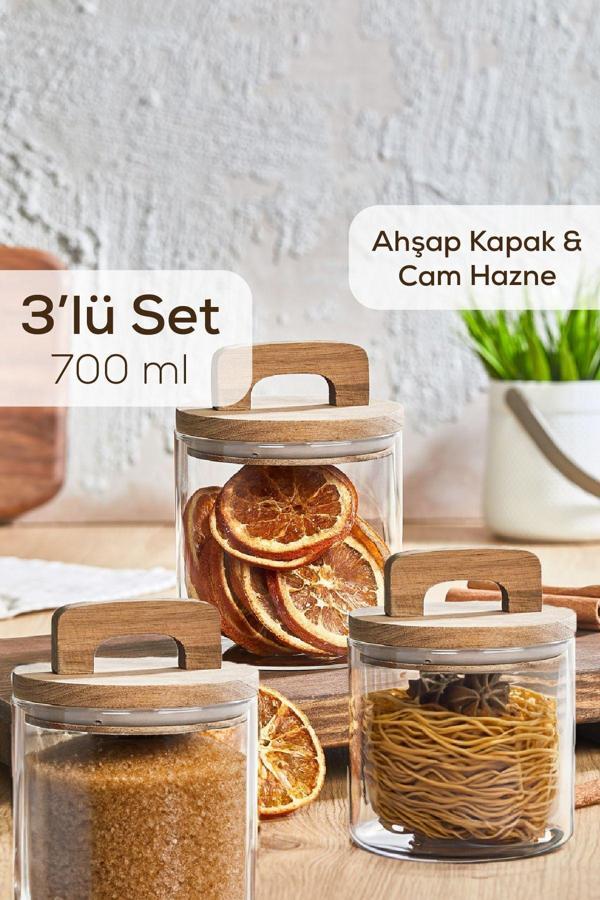 Vienev 3lü 700 ml Ahşap Kapaklı Tutacaklı Kavanoz - Image 1