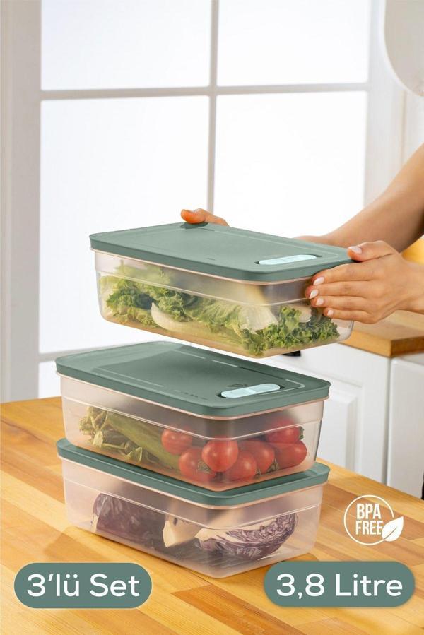 Vienev 3lü Ayarlı Sebze ve Meyve Saklama Kabı Yeşil 3,8 Litre - Image 1