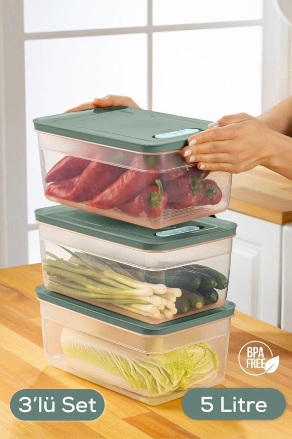 Vienev 3lü Ayarlı Sebze ve Meyve Saklama Kabı Yeşil 5 Litre - Image 1