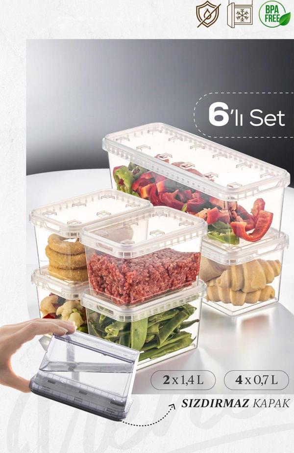 Vienev 6lı 2x(1,4 lt)-4x(0,7 lt) Block Buzdolabı ve Derin Dondurucu Sızdırmaz Saklama Kabı Şeffaf - Image 1