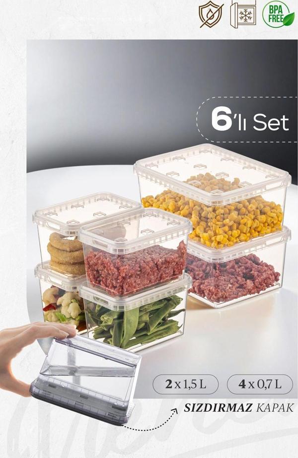 Vienev 6lı 2x(1,5 lt)-4x(0,7 lt) Block Buzdolabı ve Derin Dondurucu Sızdırmaz Saklama Kabı Şeffaf - Image 1